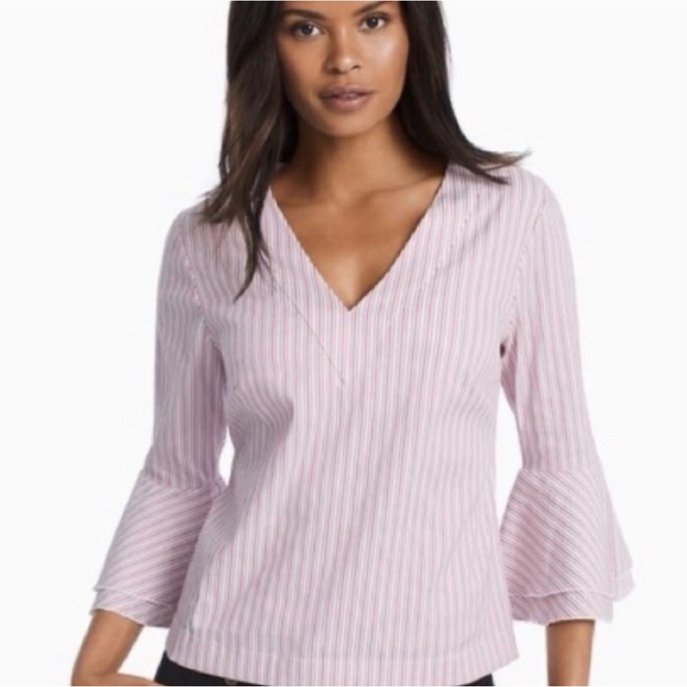 White House Black Market Carmen Striped‎ Bell Sleeve Poplin Top Women WHBM 12